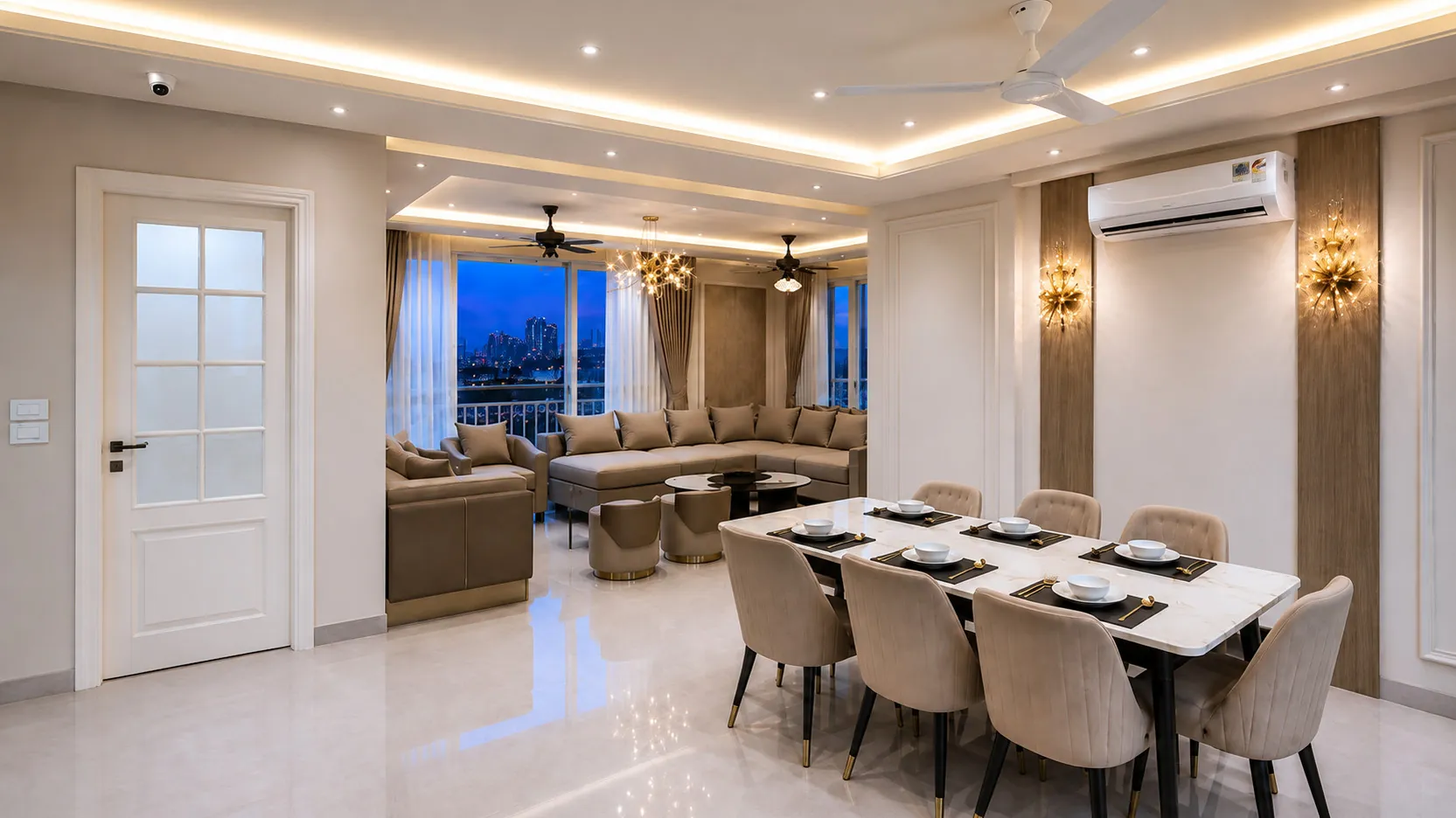 Living and dining interior with city view by NeeV InteriorS, Gurugram