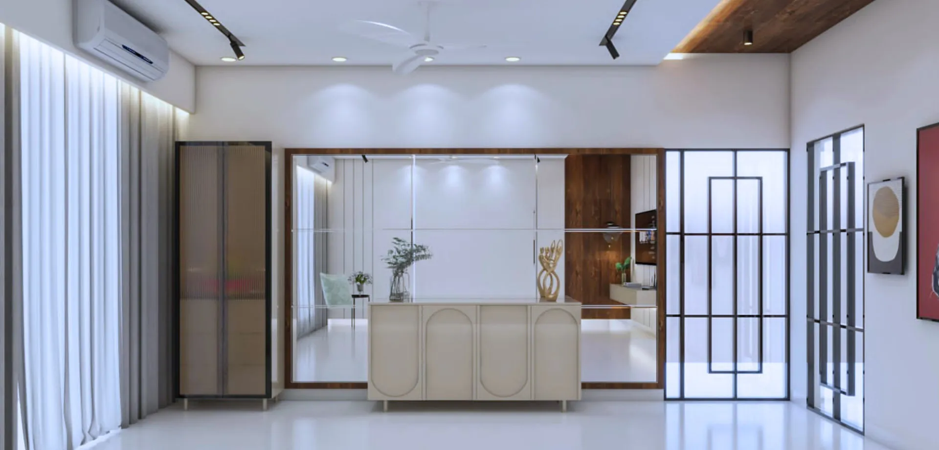 Crockery unit with mirror panel and wooden partition — interior by NeeV InteriorS, Gurugram